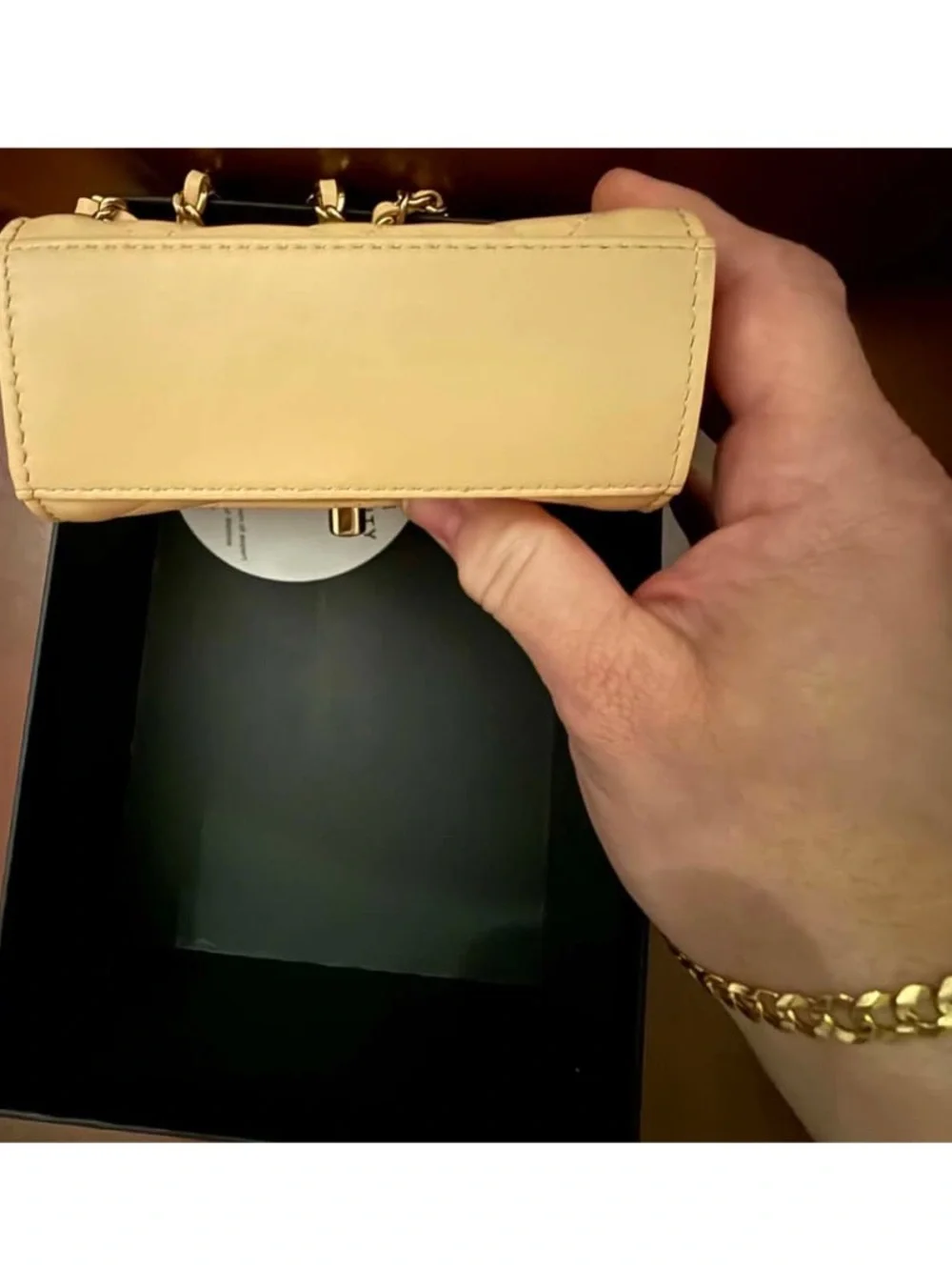 CHANEL Beige Quilted Lambskin Mini Chain Shoulder Bag with Gold CC